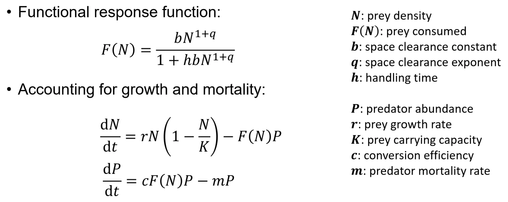 The generalised functional response equation and the predator–prey differential equations fitted to the data, with all parameters defined.